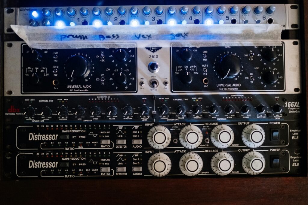 Close-up of professional audio equipment with illuminated controls.